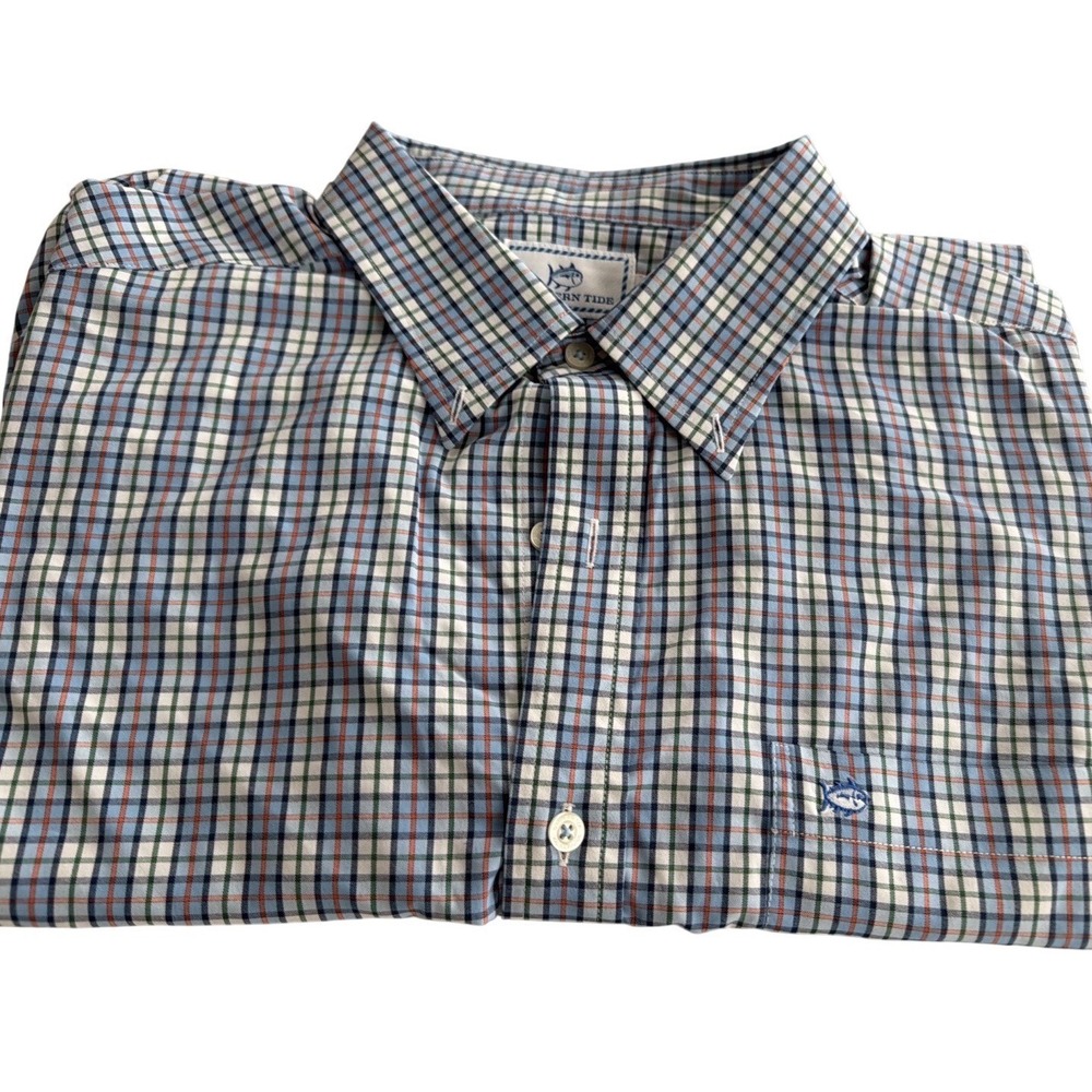 Southern Tide Mens Performance Plaid Button Down Shirt Blue Orange Size L